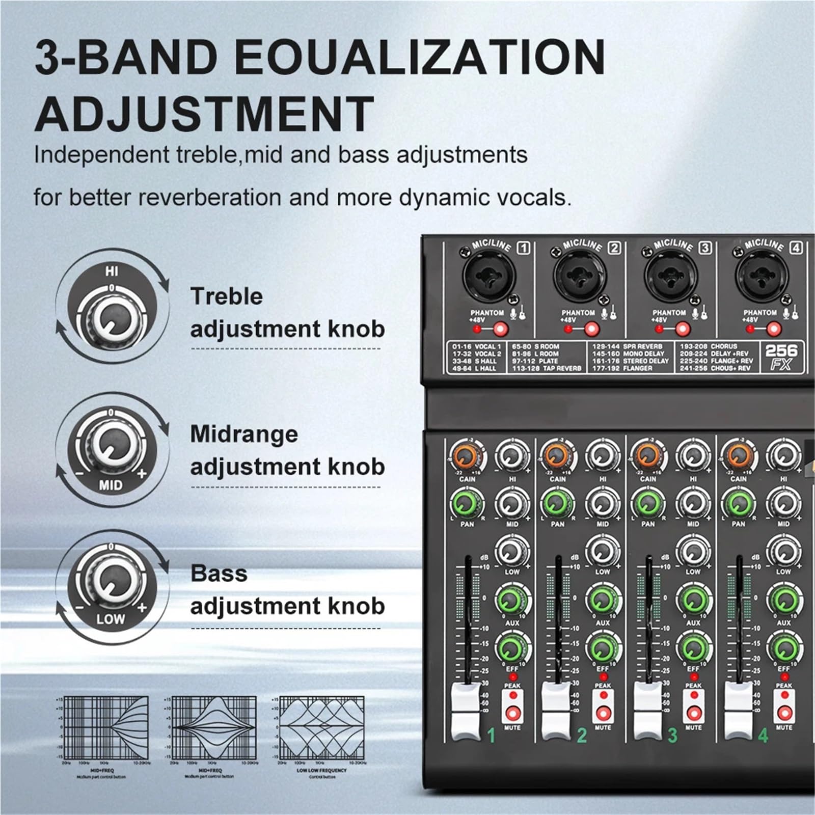 Mixer con effetti DSP a 4 canali, 256 canali, registrazione, PC, alimentazione Phantom a 48 V, mixer USB, console DJ Bluetooth, mixaggio