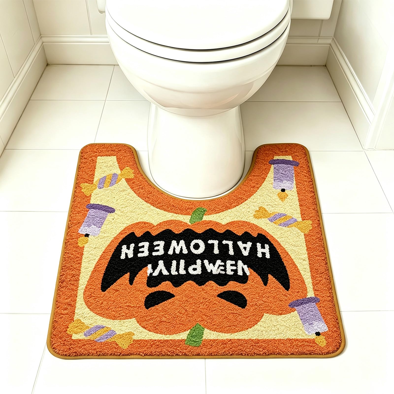 AVEKI Halloween Pumpkin Toilet Rug, Plush Microfiber U Shaped Bathroom Mat, Non Slip Rubber Back Absorbent Washable Floor Rug, Floor Carpet for Halloween Bathroom Decor 20" x 22" (U-Pumpkin) — image 1