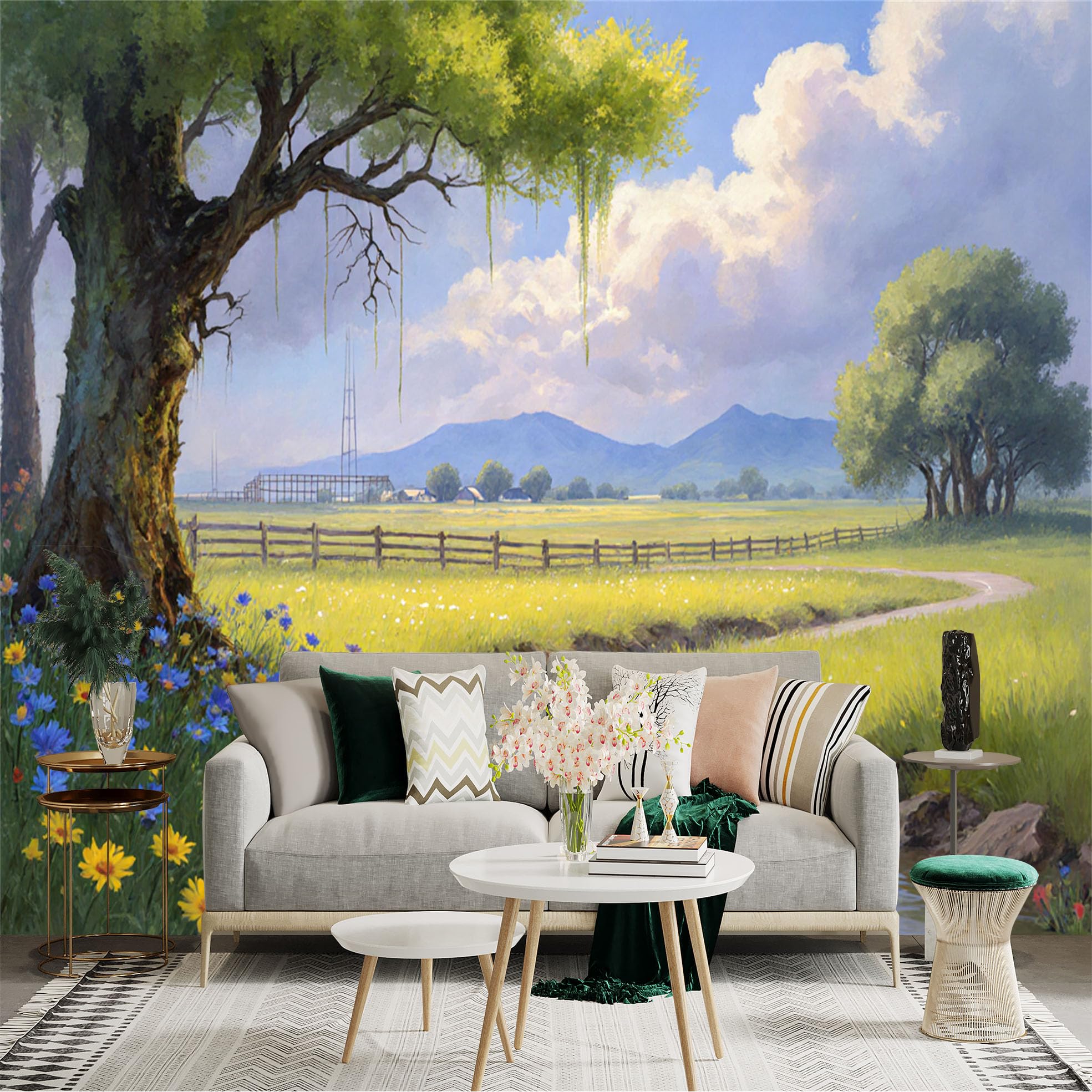 Lnzczhyre Xc260505912 Custom Size Wall Sticker Mural， Pastoral Landscape With Flowing Creek， Ancient Oak Tree And Wildflowers， Summer Meadow Scenery， For Wall Decoration， Peelandstick Wall Decals.