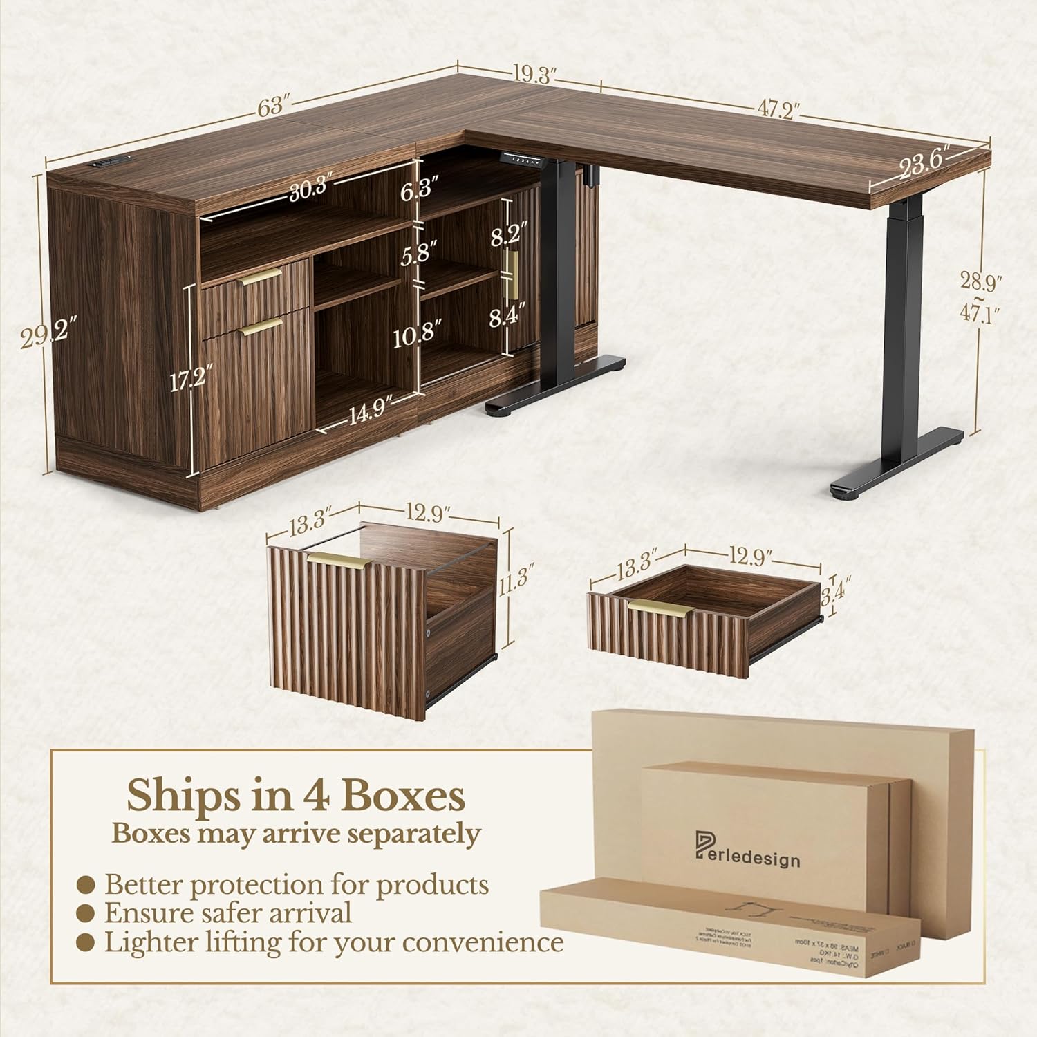 Home Office Furniture Set, 67'' Standing Desk with 44'' Bookshelf, Electric Height Adjustable Desk with 2 File Cabinet, AC/USB and Bookcase with 3 Drawers, Fluted Style Black Walnut