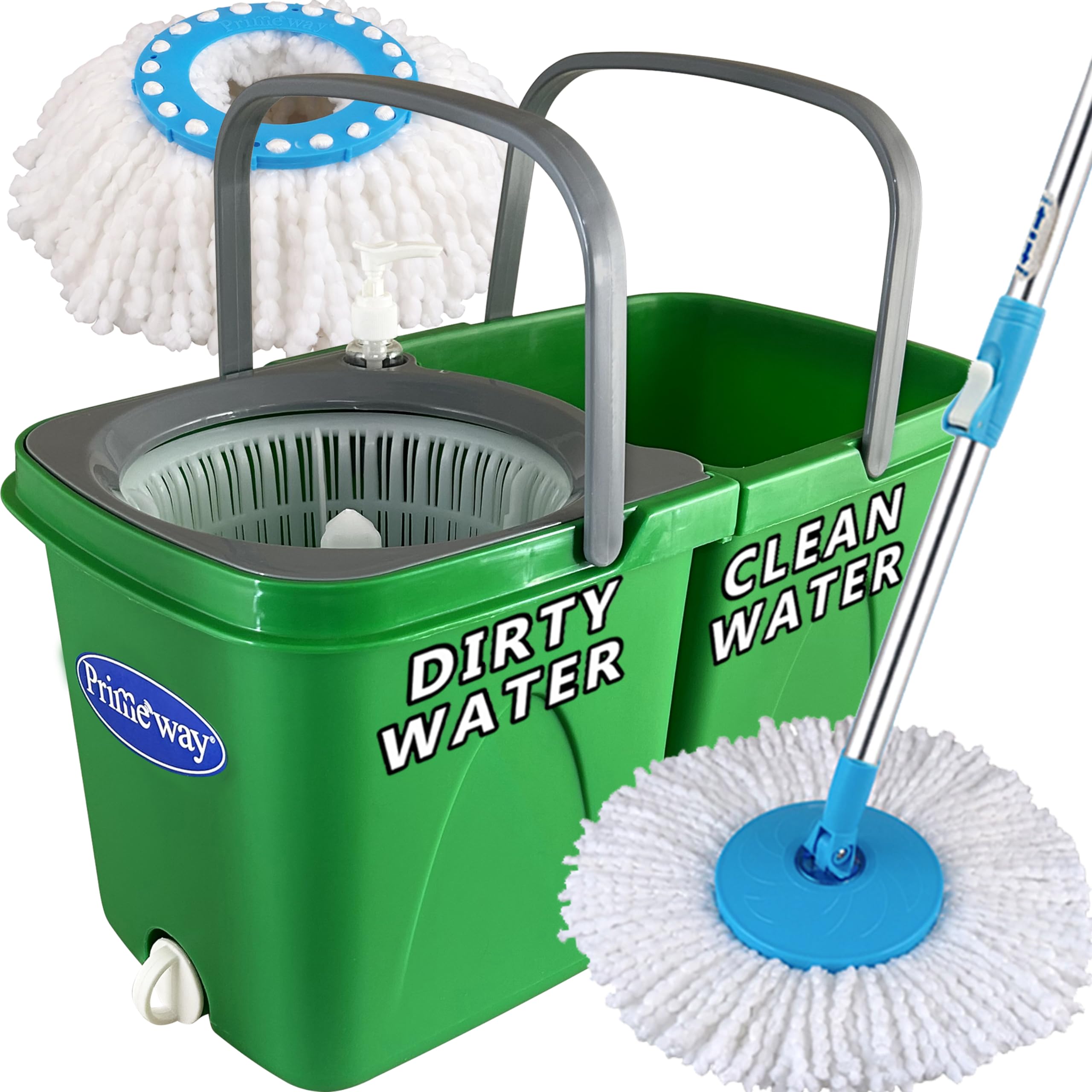 Primeway® Twin Bucket 360 Rotating Spin Floor Cleaning Mop with Clean and Dirty Water Separator with 2 Microfibre 34cm Refills, 6 LTR, Green (B08264STTX) Amazon Price History, Amazon Price Tracker