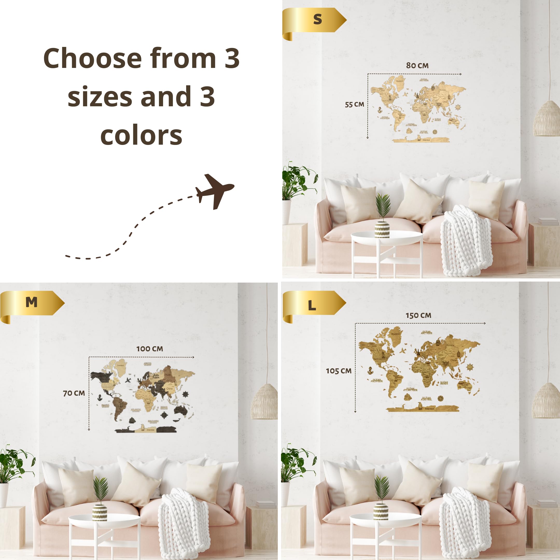 Hölzerne Weltkarte 2D für die Wand – Weltkarte Holz Wanddeko – Geschenk für Reisende (Dark, 100 x 70 cm)