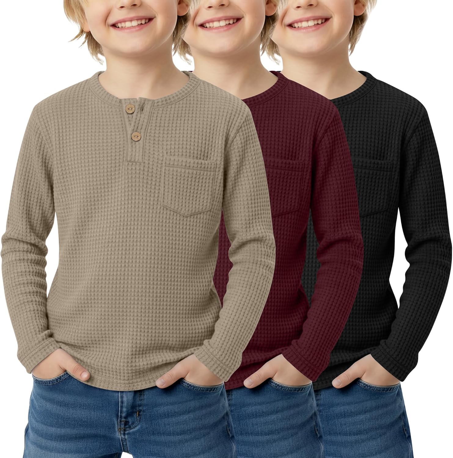 LessonZoo 3 Pack Boy's Henley Long Sleeve Shirts Waffle Thermal Tops 5-14 Years Kids Casual Sport Sweatshirts with Pocket