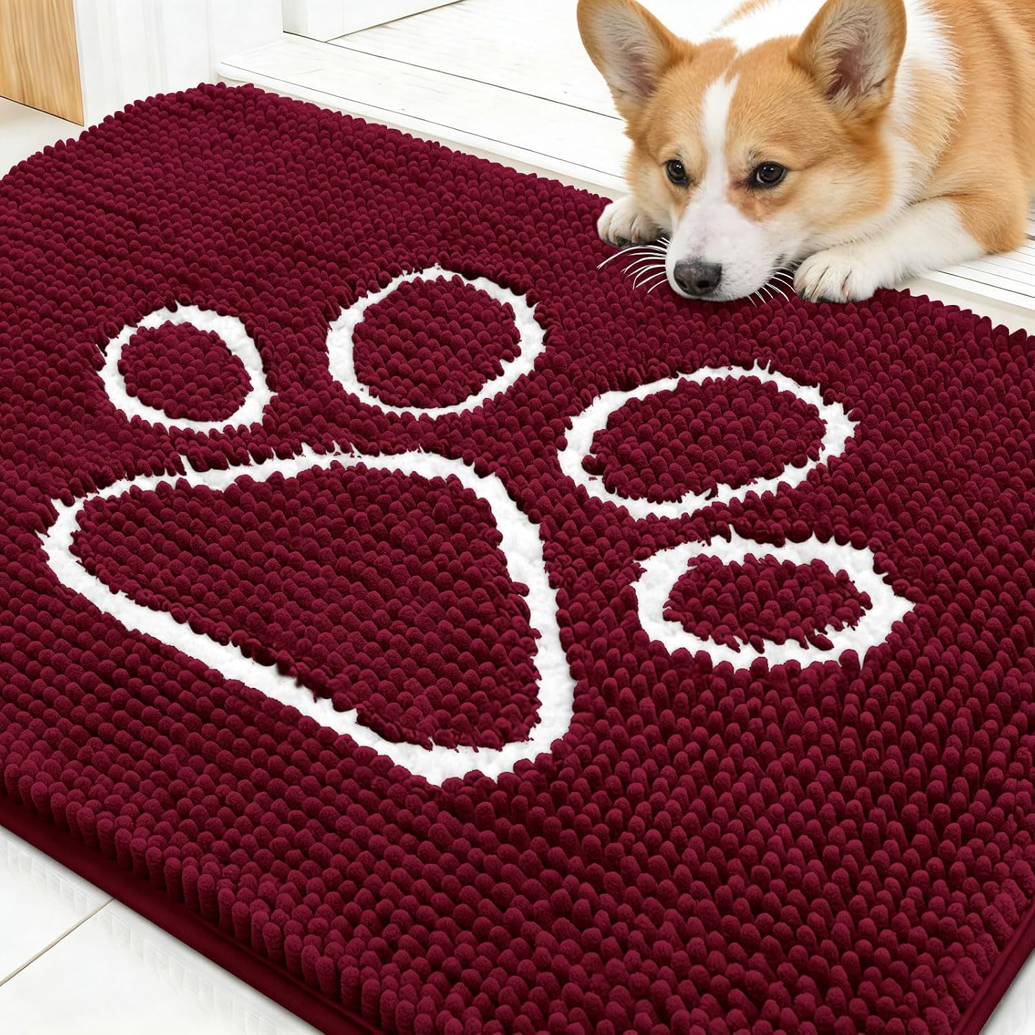 OLANLY Dog Door Mat for Muddy Paws 30x20, Paw Print Design, Absorbs Moisture and Dirt, Absorbent Non-Slip Washable Doormat, Quick Dry Chenille Mud Mat for Dogs, Entry Indoor Entryway Carpet, Burgundy