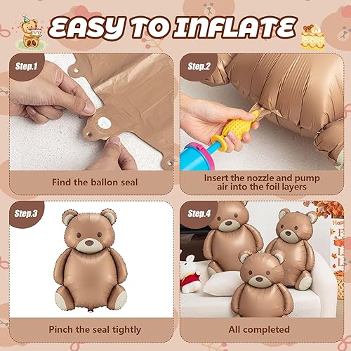 Miniatura 4 de Simgoing 12 globos de oso marrón de 35 pulgadas, globos de papel de aluminio de oso de dibujos animados, globos de cumpleaños grandes mate para