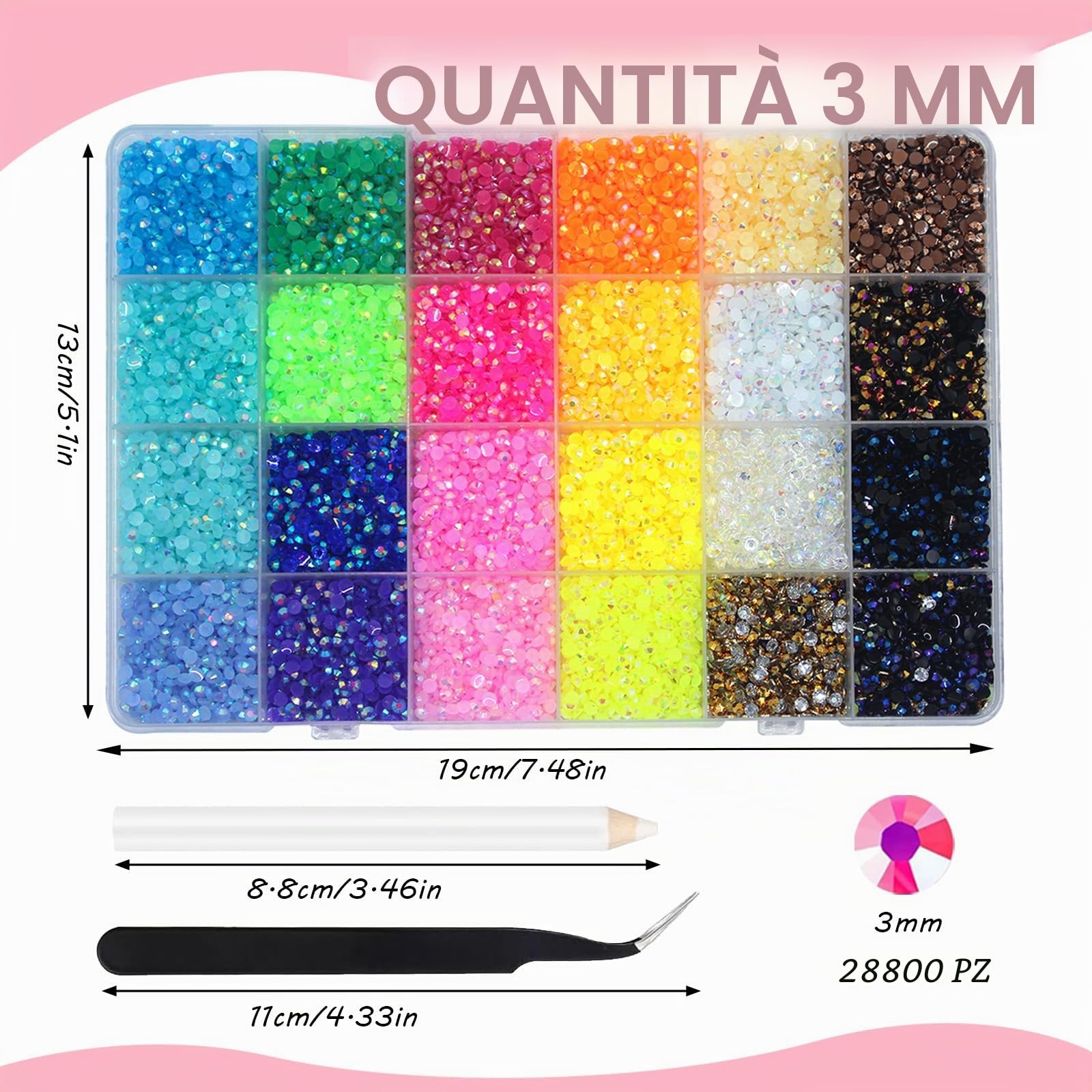 Strass Unghie, 28800 Pezzi Strass per Unghie, 24 Colori Brillantini Unghie Nail Art con Pinzetta e Penna per Punteggiatura di Strass, DIY Brillantini per Unghie, 3mm