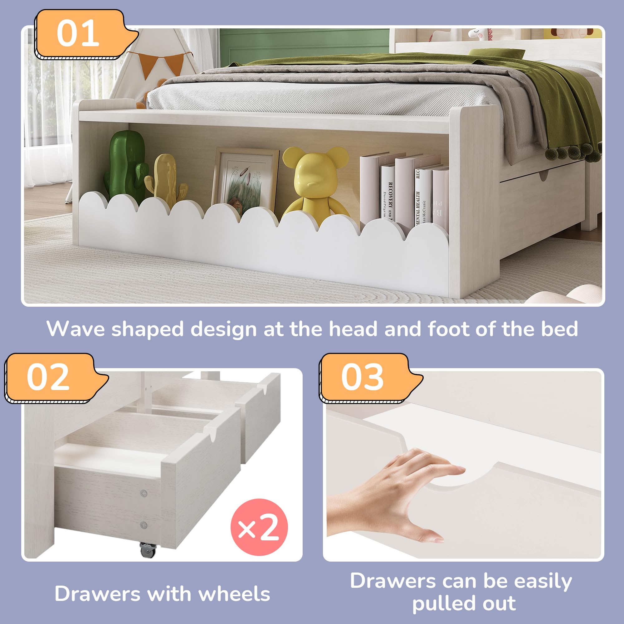Cama individual de 90 x 190 cm, con cajones, estantería y banco con almacenamiento, cama de madera, marco de cama y somier de madera, color blanco con color roble (sin colchón)