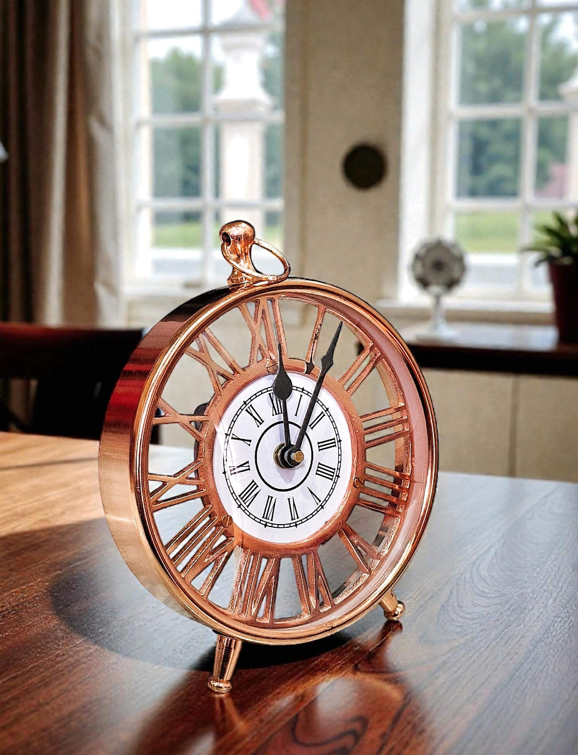 Modern Artistic Decorative Metal Table Analog Clock with Sweep and Silent Machine, Desk Clock for Living Room, Dining Room, Office, Home Decor, Copper, 20x16 CM Set of 1