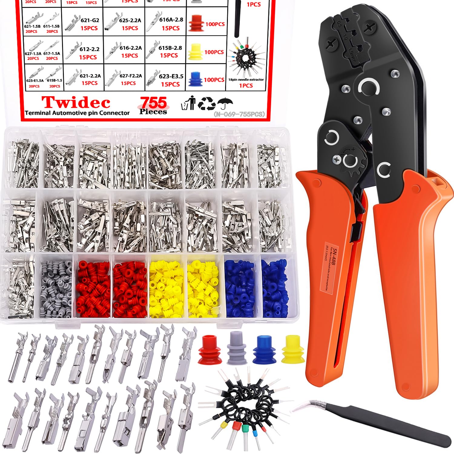Twidec/1045Pcs 21Type Car Electrical Wire Terminal 1/1.5/1.8/2.2/2.8/3.5mm Connector Pins Terminal Auto Electric Connector Non-Insulated Plug Removal Male Female Crimp Pins with Crimping Pliers