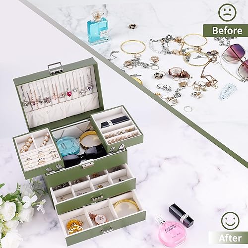 Miniatura 2 de Dajasan Caja organizadora de joyas para mujeres y niñas, organizador de joyas, caja de joyería de cuero de 4 capas, idea de regalo para el día de