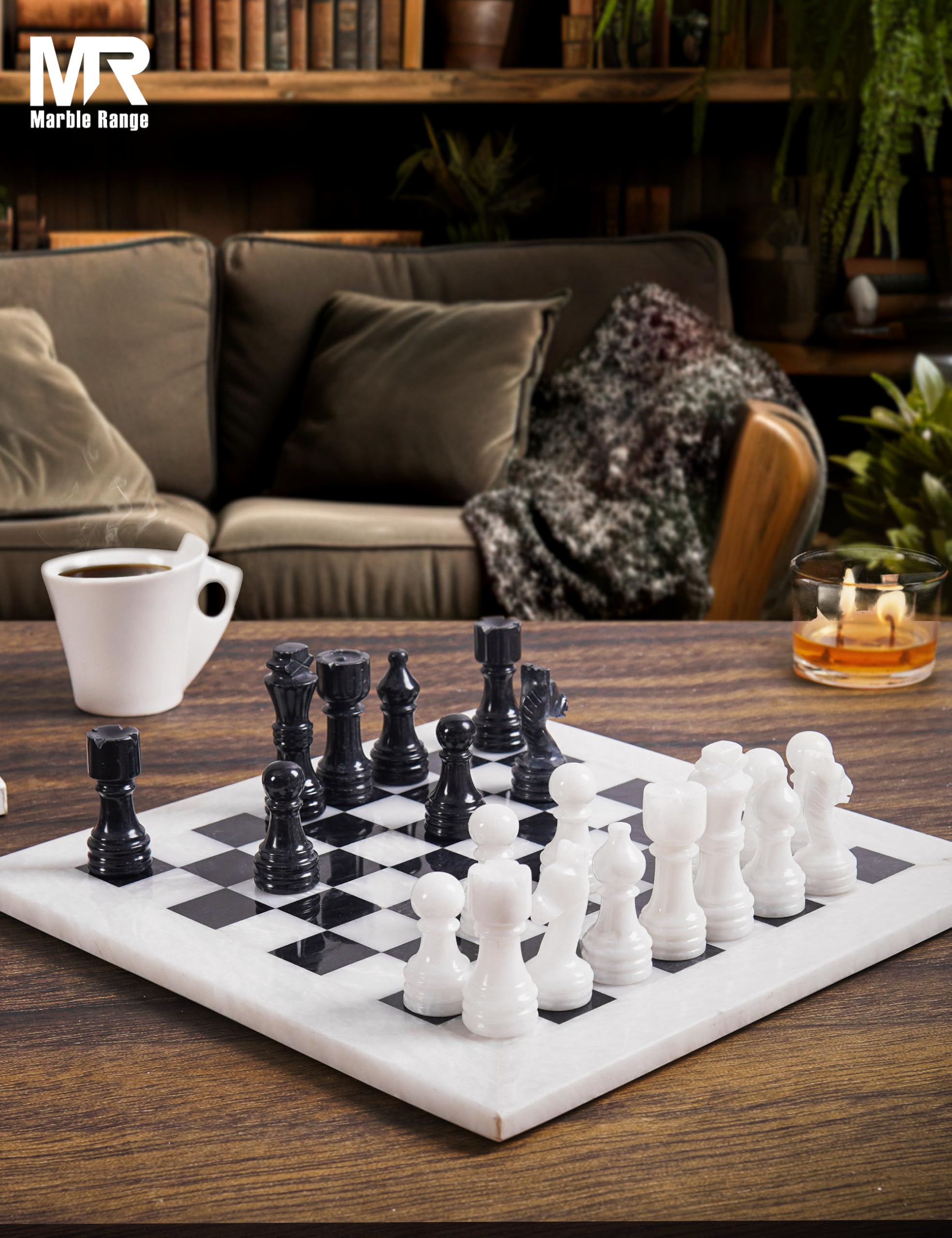 MARBLE RANGE Jeu d'échecs en marbre Fait Main de 12 inches avec boîte, pièces et 2 Dames. Élégant Jeu de Voyage pour Adultes, idéal comme Cadeau ou décoration d'intérieur