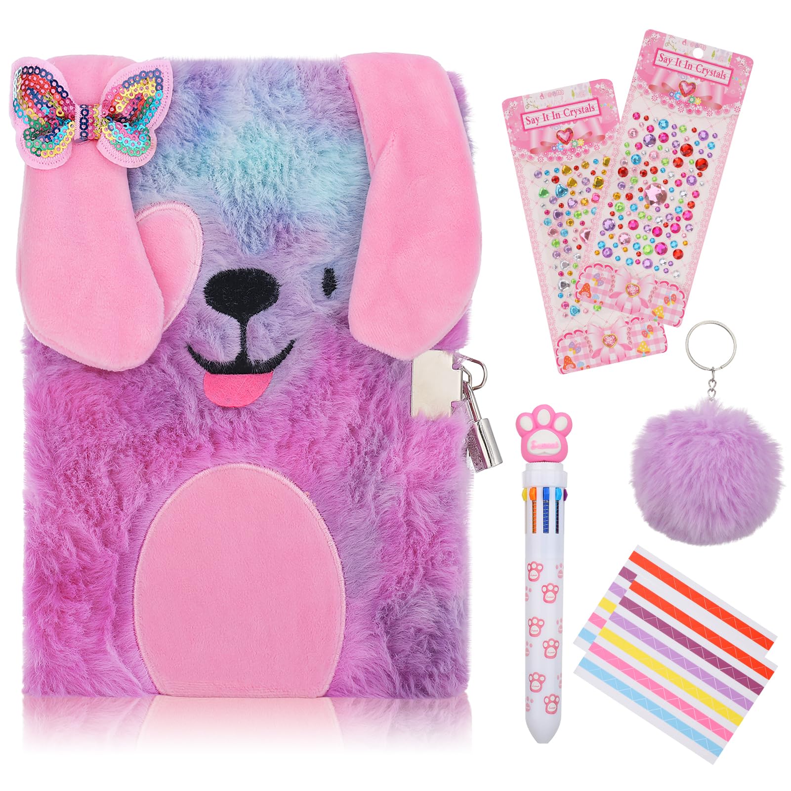 FRIUSATE Secret Diary for Girls, Plush Furry Notebook with Lock, Cartoon Dog Journal Notebook, Pompoms Keychain,Diamond Stickers Gift for Kids Students