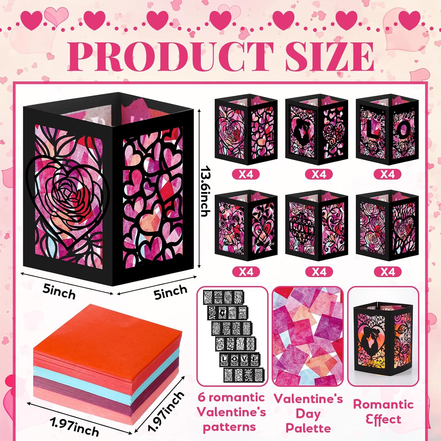 Retisee 24 Pcs Valentine's Day Decorations Paper Lanterns Craft Kits Valentine's Day Candles Holders Paper Boxes Lanterns DIY Craft Kits for Home Decorations Art Project