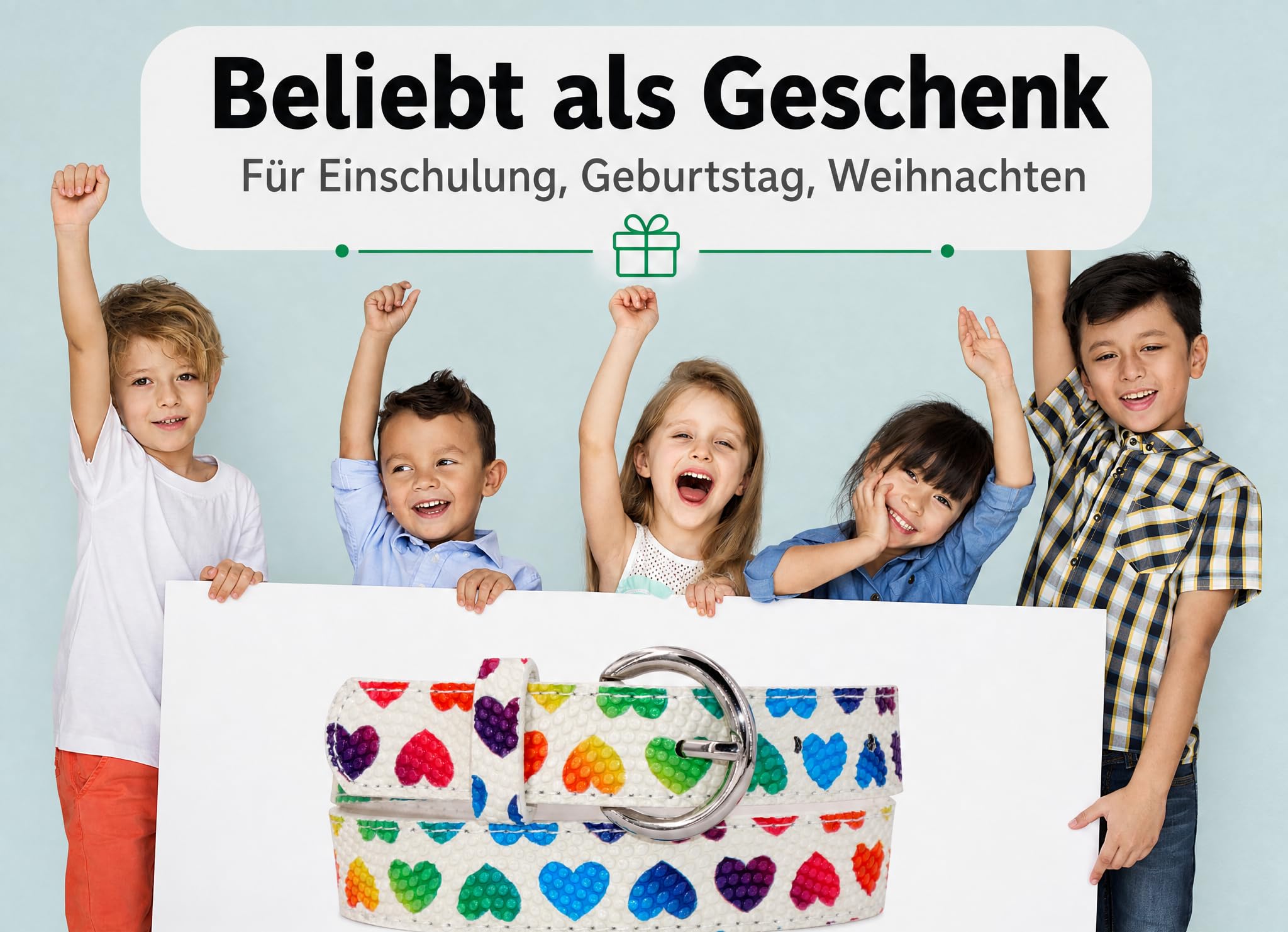 Gürtel für Kinder, Kindergürtel Mädchen & Jungen, verstellbar 52–67 cm, Dornschließe aus Metall, vegan aus Kunstleder, weiß mit bunten Herzen, 2,5 cm breit