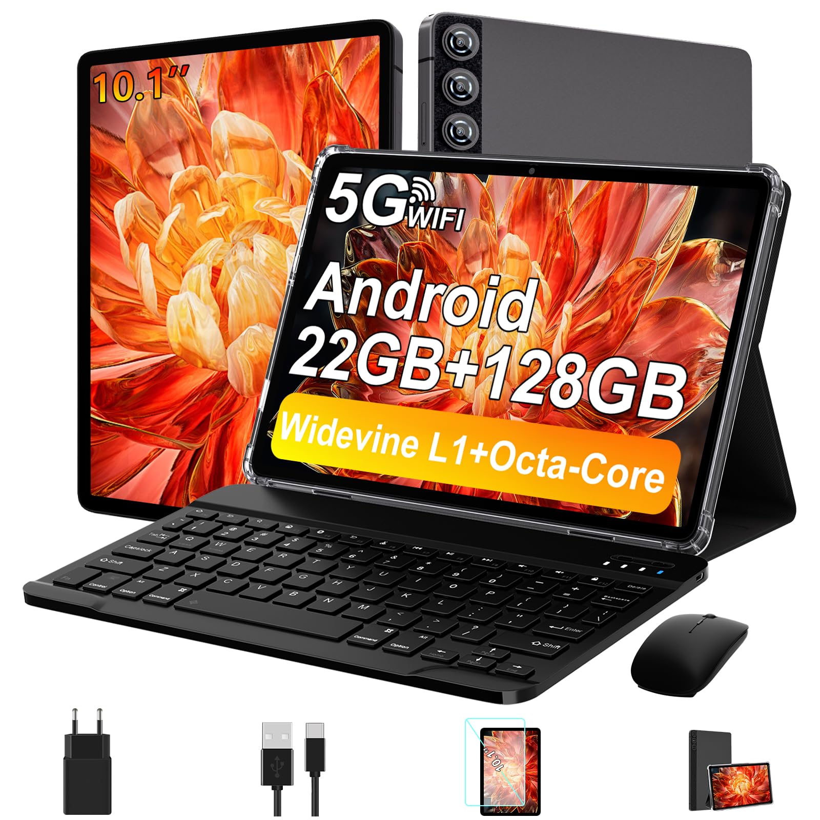 ZIOVO Tablet 10 Pollici Tablet Android 14, 22GB RAM+128GB ROM (TF 1TB), 5G WiFi/Supporto Widevine L1/Octa-Core/8000mAh/Corpo Metallico/8+5MP/BT 5.0, 2 in 1 Tablets con Tastiera e Mouse - Grigio