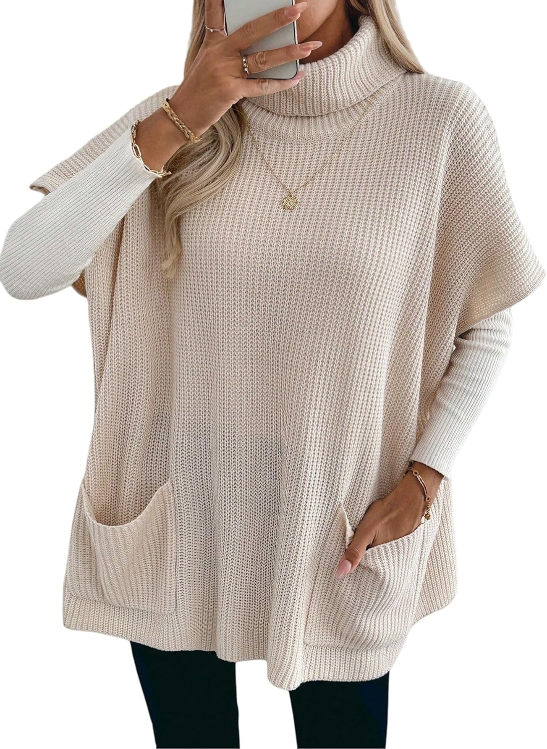 SISKIN Sweater Vest Women 2025, Turtleneck Oversized Loose Short Sleeve Apricot Knit Casual Sweater with Pockets