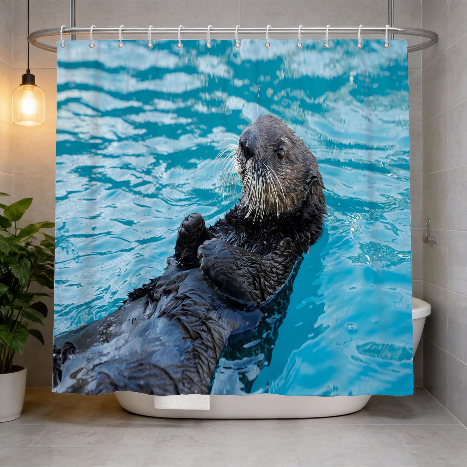 Hongduo 3D Otter Motif Shower Curtain for Stalls Bathtubs Child Teen Bathroom Decor Shower Curtain Set Polyester Fabric Waterproof 200x200cm/79X79 Inch with Hooks