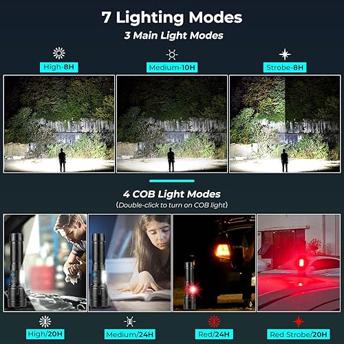 Miniatura 5 de Linternas recargables de alto lúmenes, 9000 lúmenes, luz LED súper brillante, potente linterna con 7 modos, luz COB, IPX7 impermeable para camping,