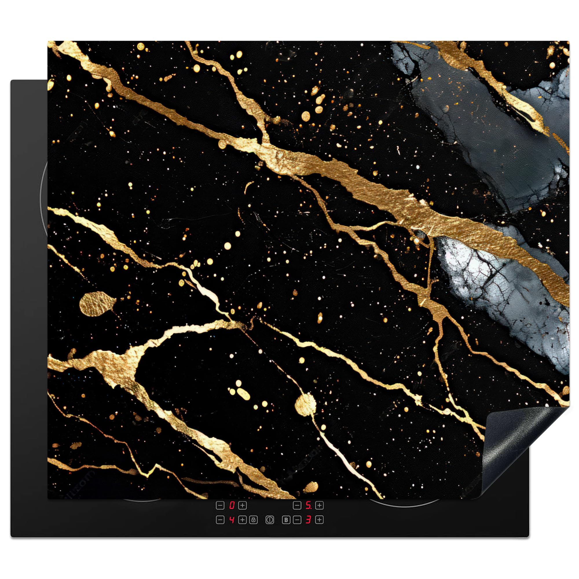 KitchenYeah© Induction Hob Protector Mat 20.5"x23.6" / 60x52 cm Stove Cap Top Cover Kitchen Cooker Covers for Electric Hobs Vinyl Marble - Black - Gold - Texture