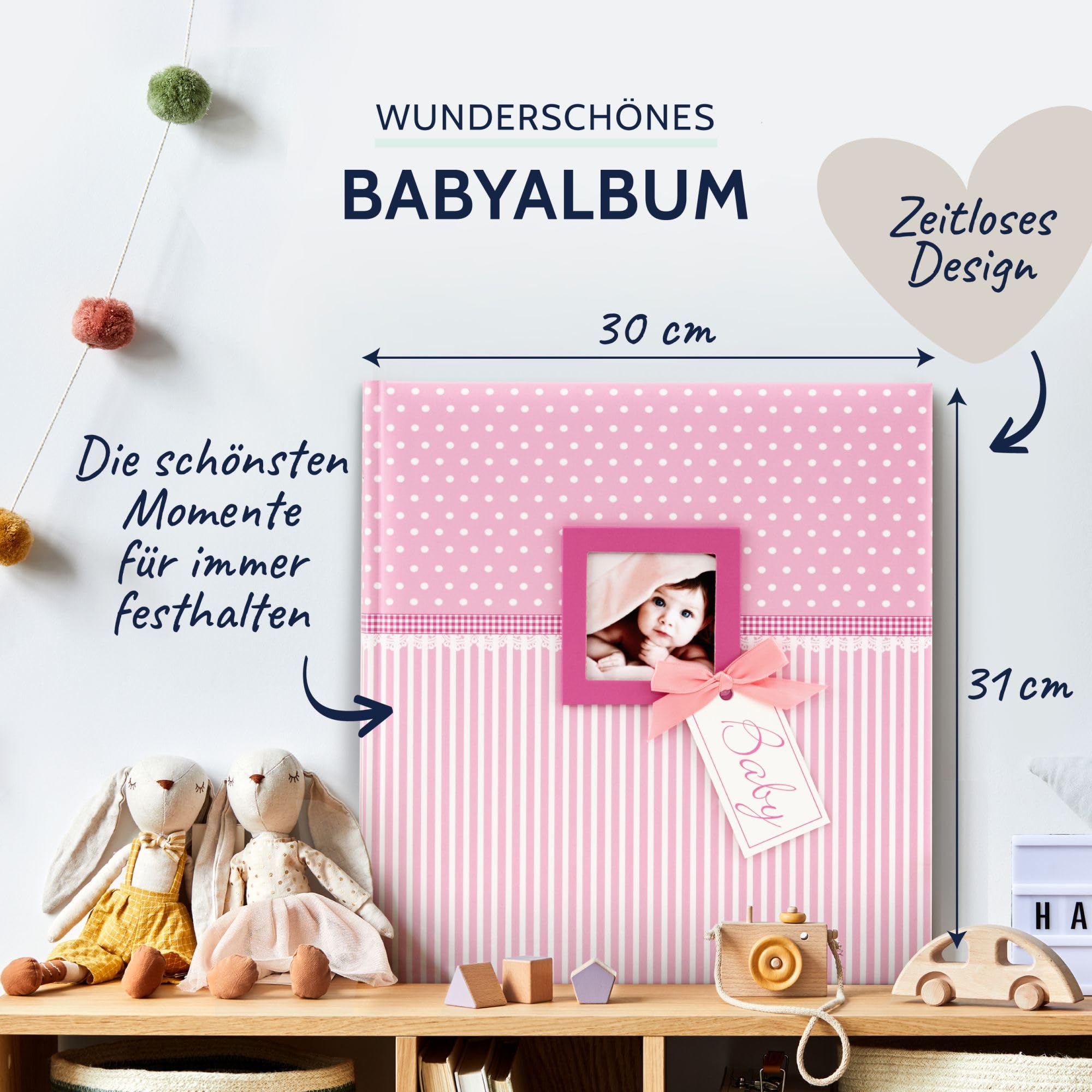goldbuch 15801 Babyalbum mit Fensterausschnitt, Sweetheart, 30 x 31 cm, Baby Fotoalbum mit 62 weißen Seiten, davon 4 illustriert und 58 blanko, Fotobuch mit Pergamin-Trennblättern, Kunstdruck, Pink