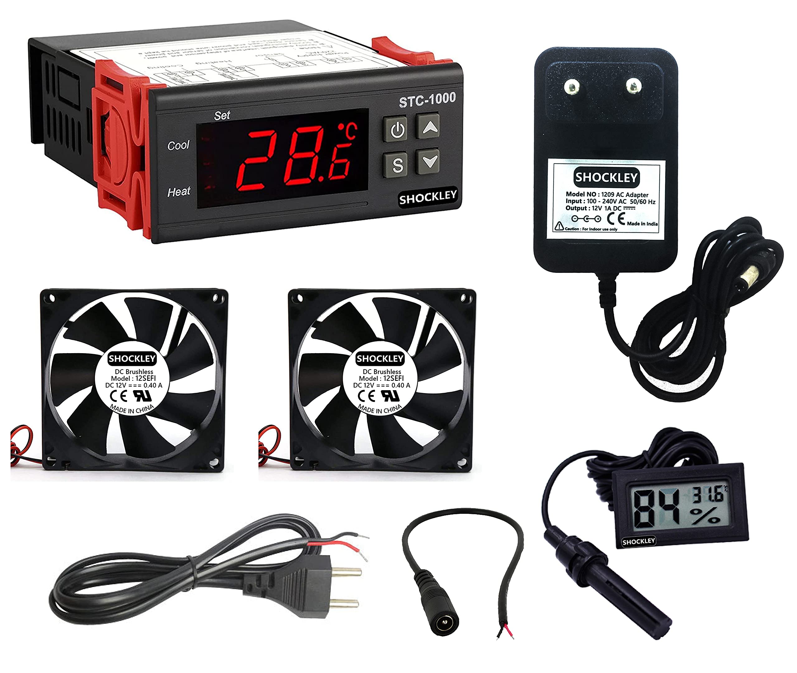 Shockley Digital Temperature Controller Thermostat Thermoregulator incubator Relay LED 10A Heating Cooling STC-1000 STC 1000 110V AC220V + MAINS POWER CORD + 2 FAN + Hygrometer + DC female Jack + 12V 1Amp Adapter-image-10