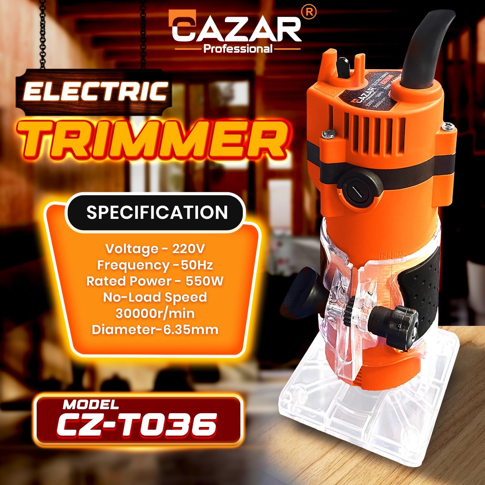 CAZAR 550W Professional Wood Router Machine with Copper Motor | 10000-30000RPM | 6.35mm Collet | TPR Soft Grip | Perfect Wood Trimmer for Woodworking, Craft & DIY 1