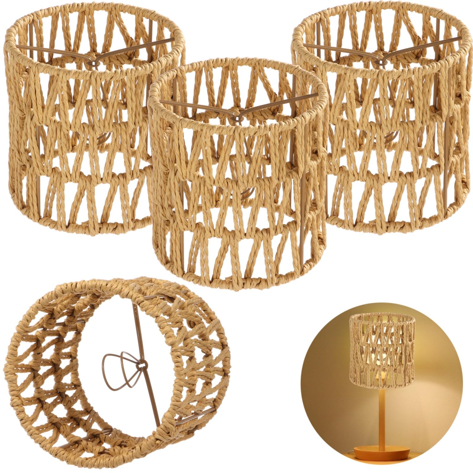 4 PCS Rattan Lamp Shades, Clip-on Rattan Lamp Shade, Chandelier Candle Bulb Lampshade, Natural Touch Hand Woven Lampshade for Chandeliers, Pendants, Wall Sconces, 5.1 x 5.1 in