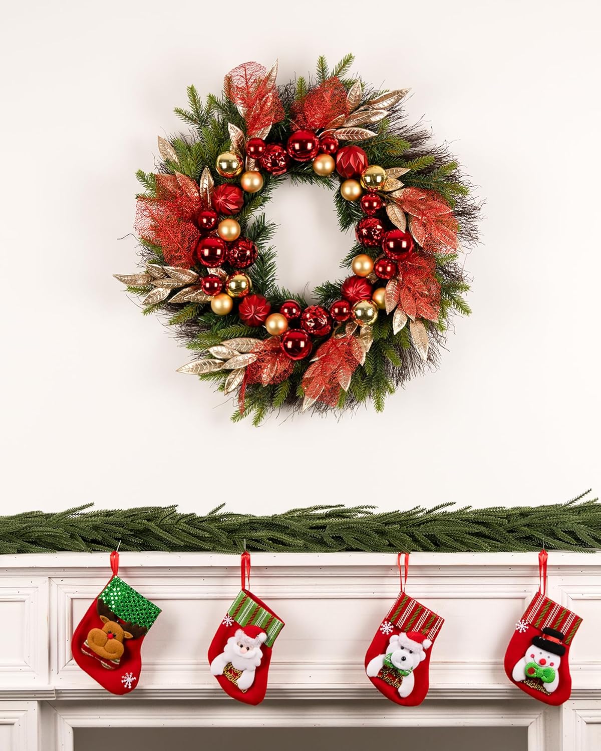 26” Christmas Wreath with Lights Hanger for Front Door Golden Red Balls Gilded Forest Foliage Artificial Evergreen Fir Winter Outdoor Décor Indoor Wall Decorations