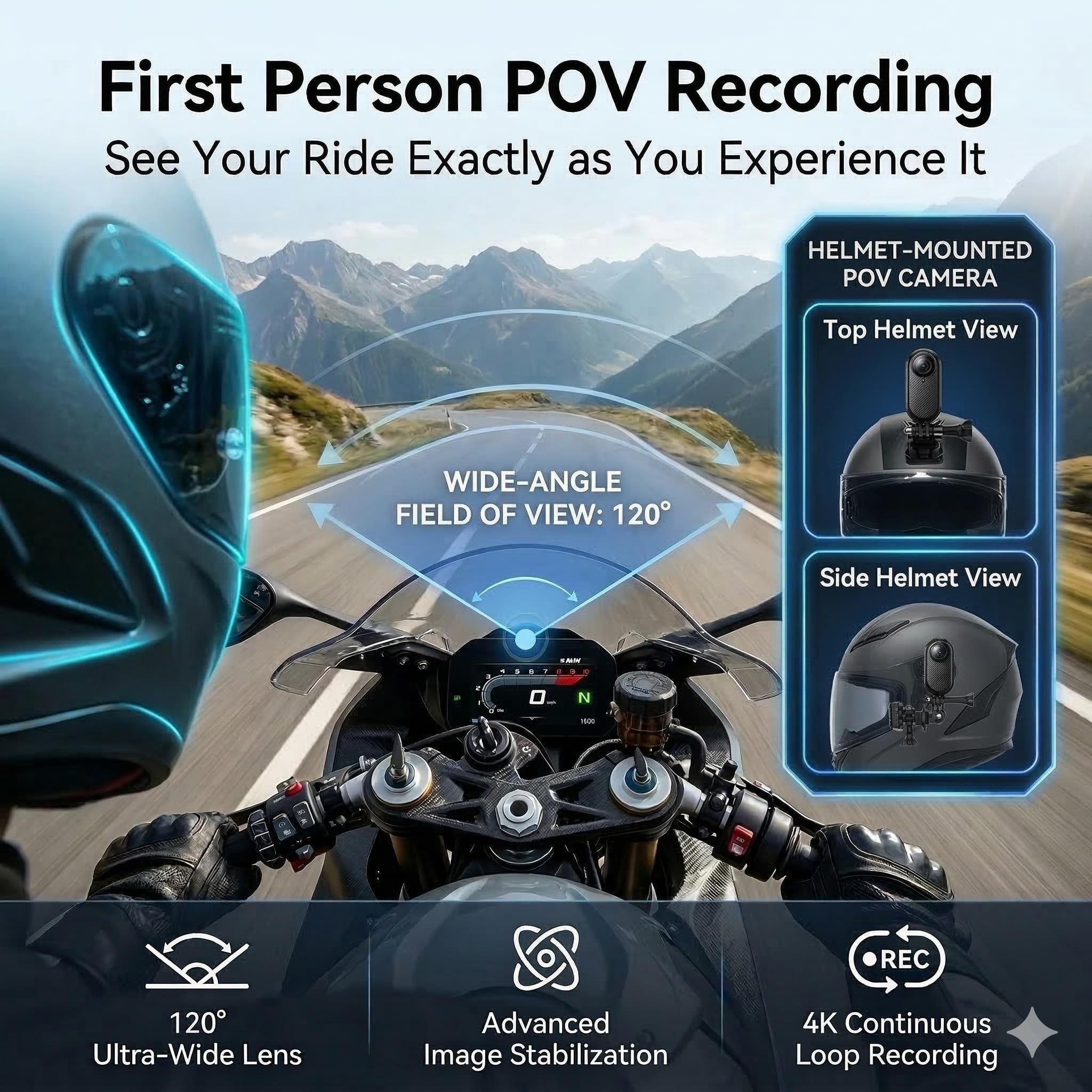 POV Camera for Motorcycle Helmet – 4K Action Camera with Wide-Angle, Loop Recording, Waterproof + Free 128GB Memory Card for Cycling, Motorbike, Sports POV Recording (Black-4K, 128G) - 4