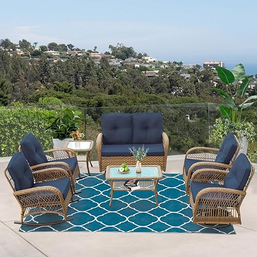 Miniatura 26 de VIVIJASON Silla mecedora de mimbre para exteriores, 2 piezas, sillas mecedoras de ratán para patio con cojines y marco de acero, muebles de mimbre