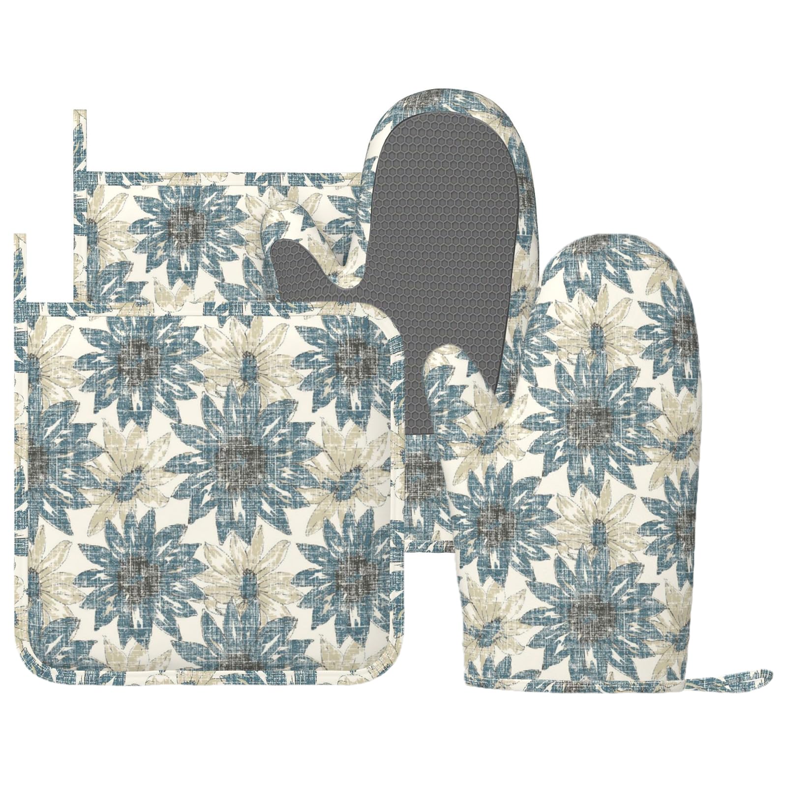Lot de 4 maniques et maniques rétro motif marguerite - Résistants à la chaleur - Motif floral rétro - Pour cuisine, pâtisserie, barbecue, barbecue