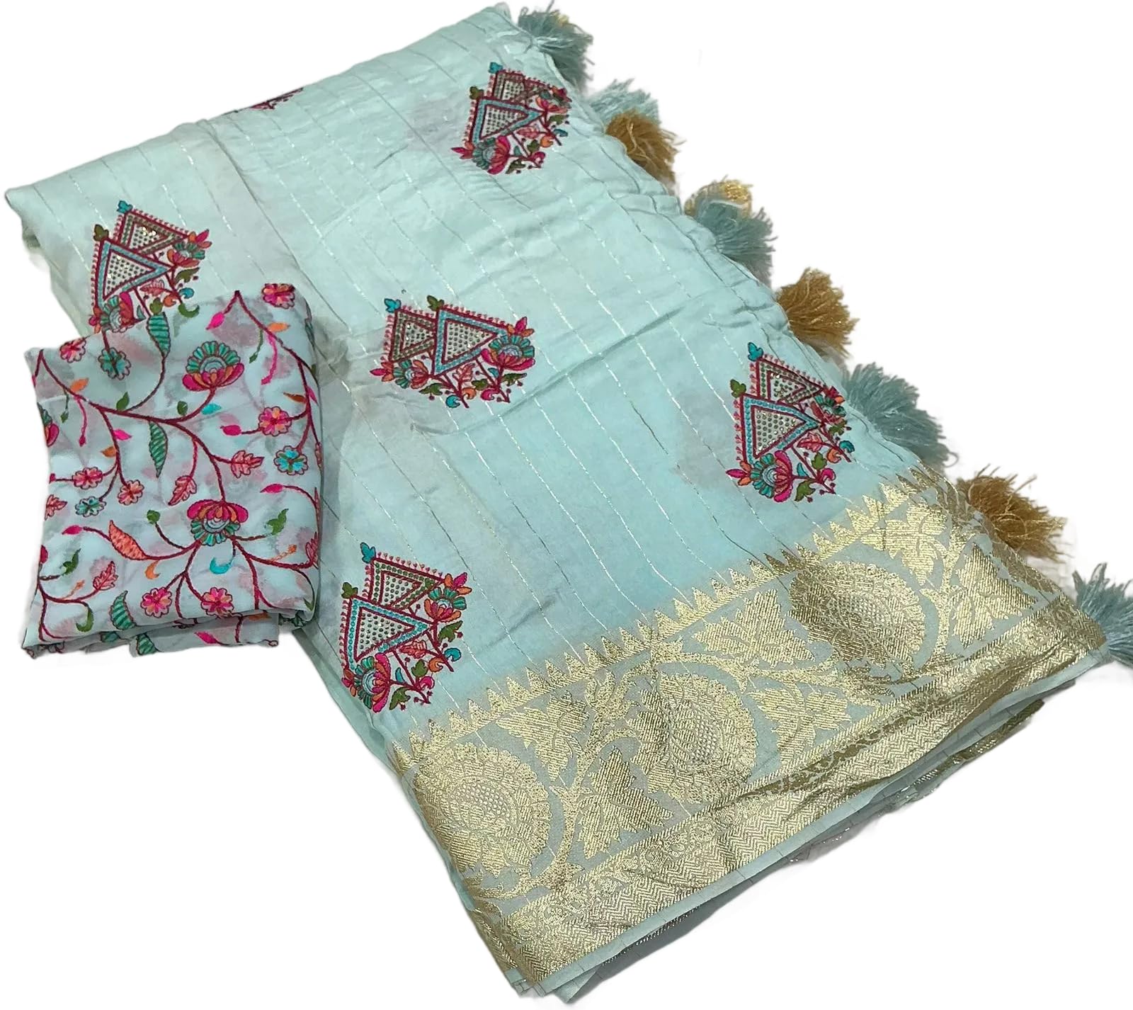 Women's Kashmiri Embroidery Siroski Work Pure Viscose Georgette Saree with Blouse Piece-picture-13