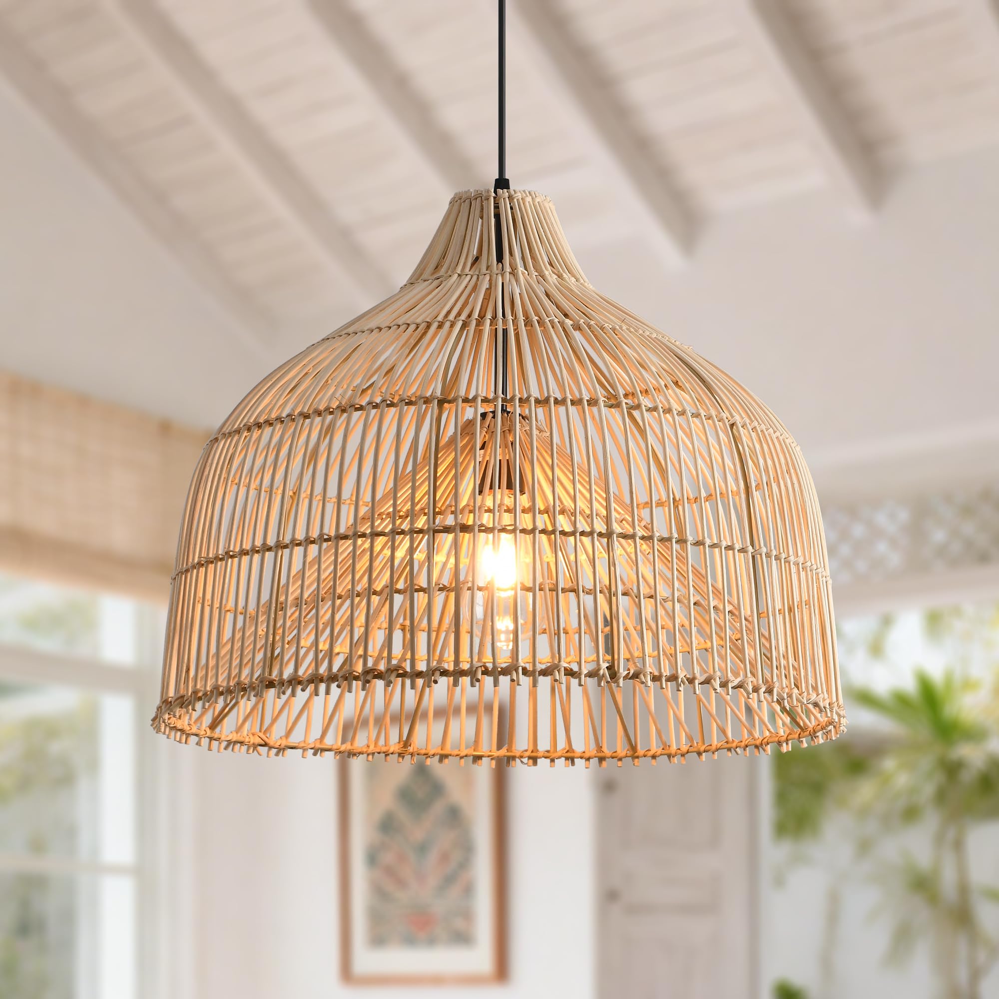 Parrot Uncle Rattan Pendant Light, 50cm Hand Woven Natural Bamboo Shade, Bohemian Ceiling Light Shades Adjustable Height E27 Socket for Living Room Dining Area (Bulb Not Included) [Energy Class G]