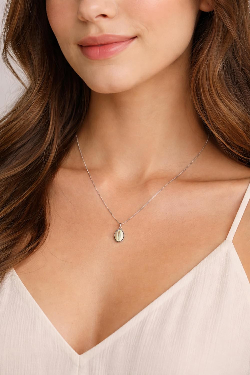AeraVida Ocean’s Elegance White Cowrie Seashell .925 Sterling Silver Pendant Necklace | Summer Beach Jewelry | Minimalist Nautical Necklace for Women - Image 2