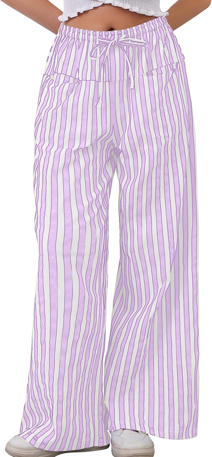 MISSACTIVER Women Drawstring Striped Pants Loose Wide Leg Trousers Casual Low Waist Pants Comfy Lounge Pants with Pockets