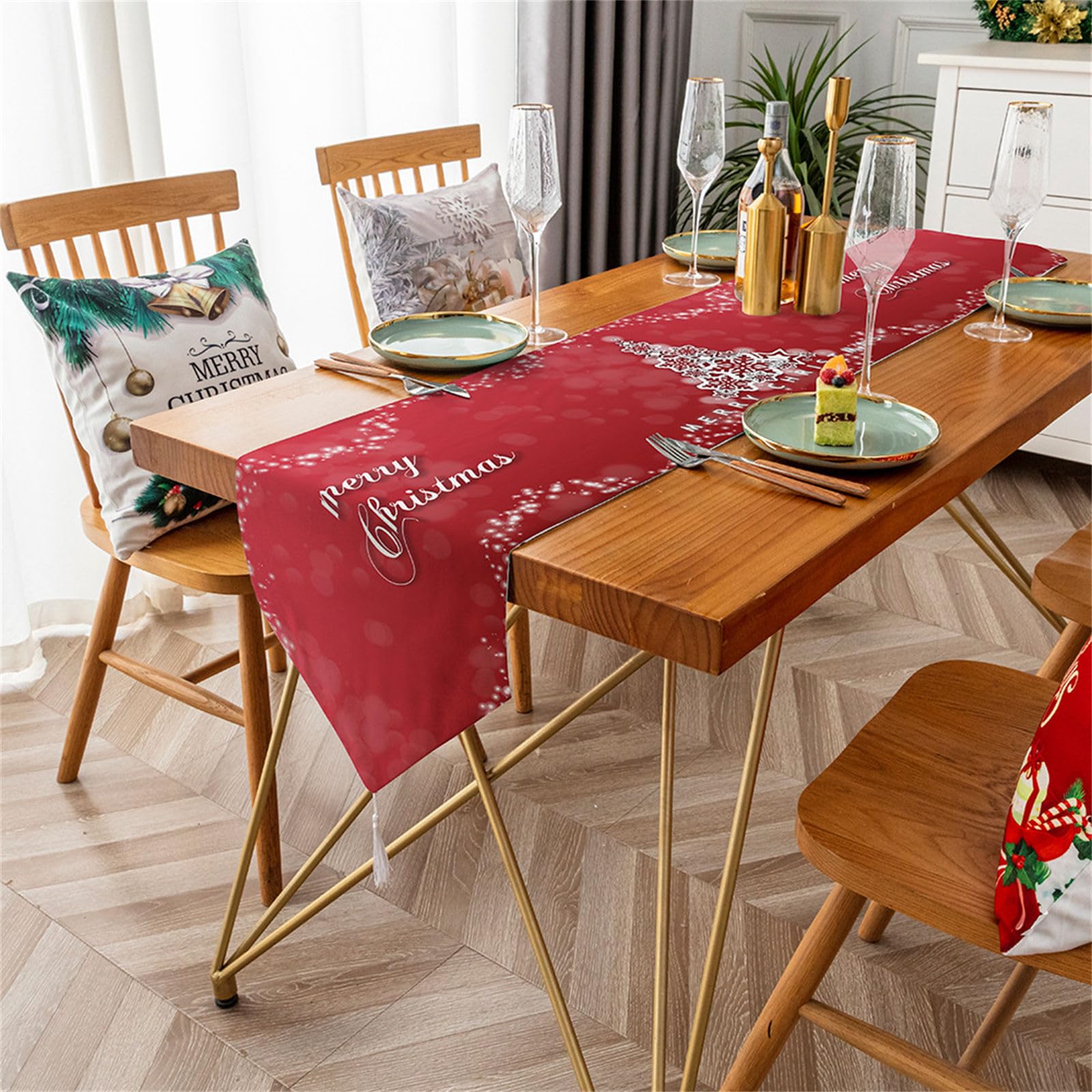 Treer Weihnachten Tischläufer mit Quasten, Leinen Tischläufer Modern Tisch Läufer Tischdecke Tischdecken für Esszimmer Küchentisch Dessert-Tisch Party