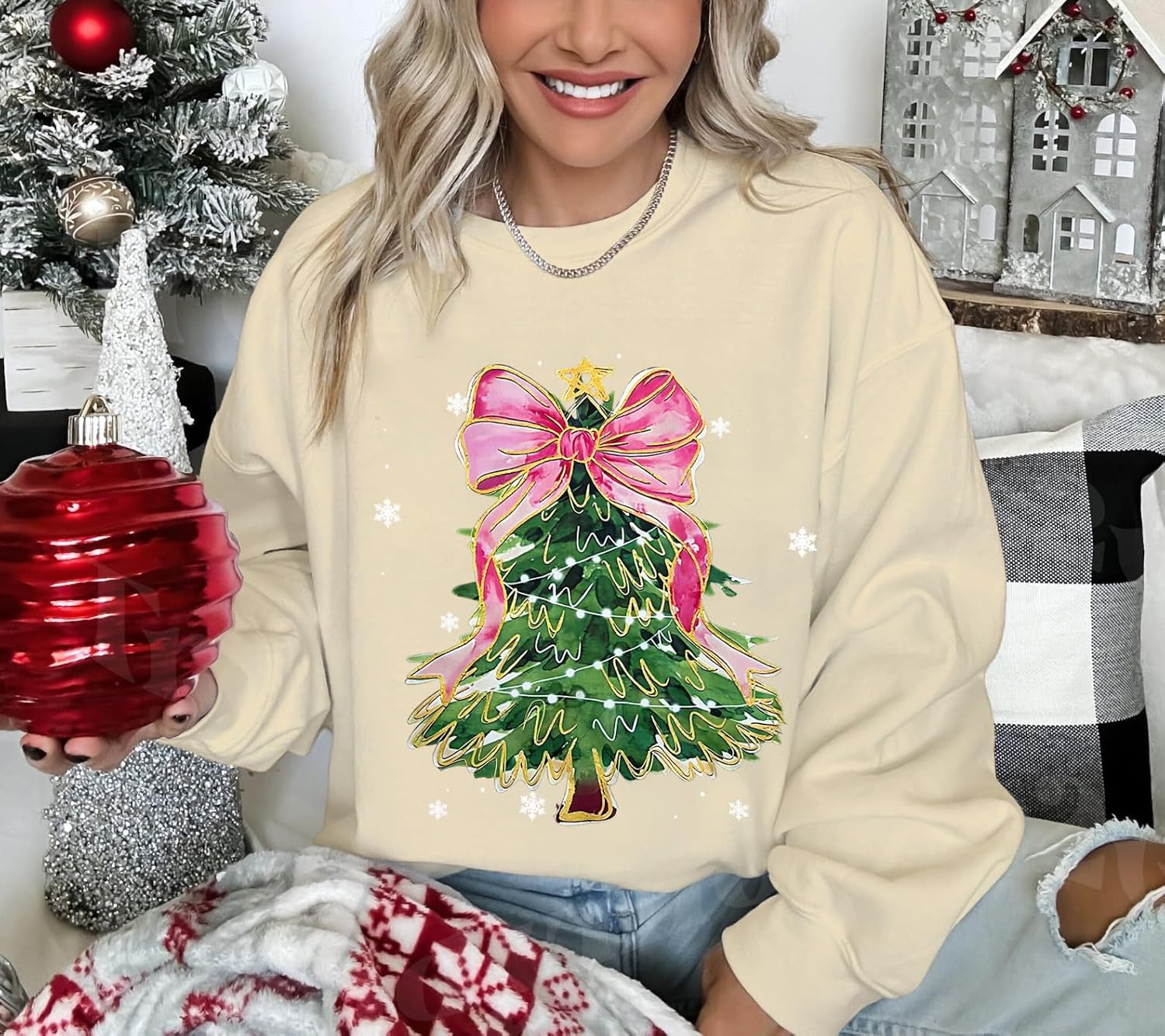 Christmas Tree Sweatshirt for Women All Booked For Christmas Long Sleeve Shirt Librarian Christmas Holiday Tops - Image 2