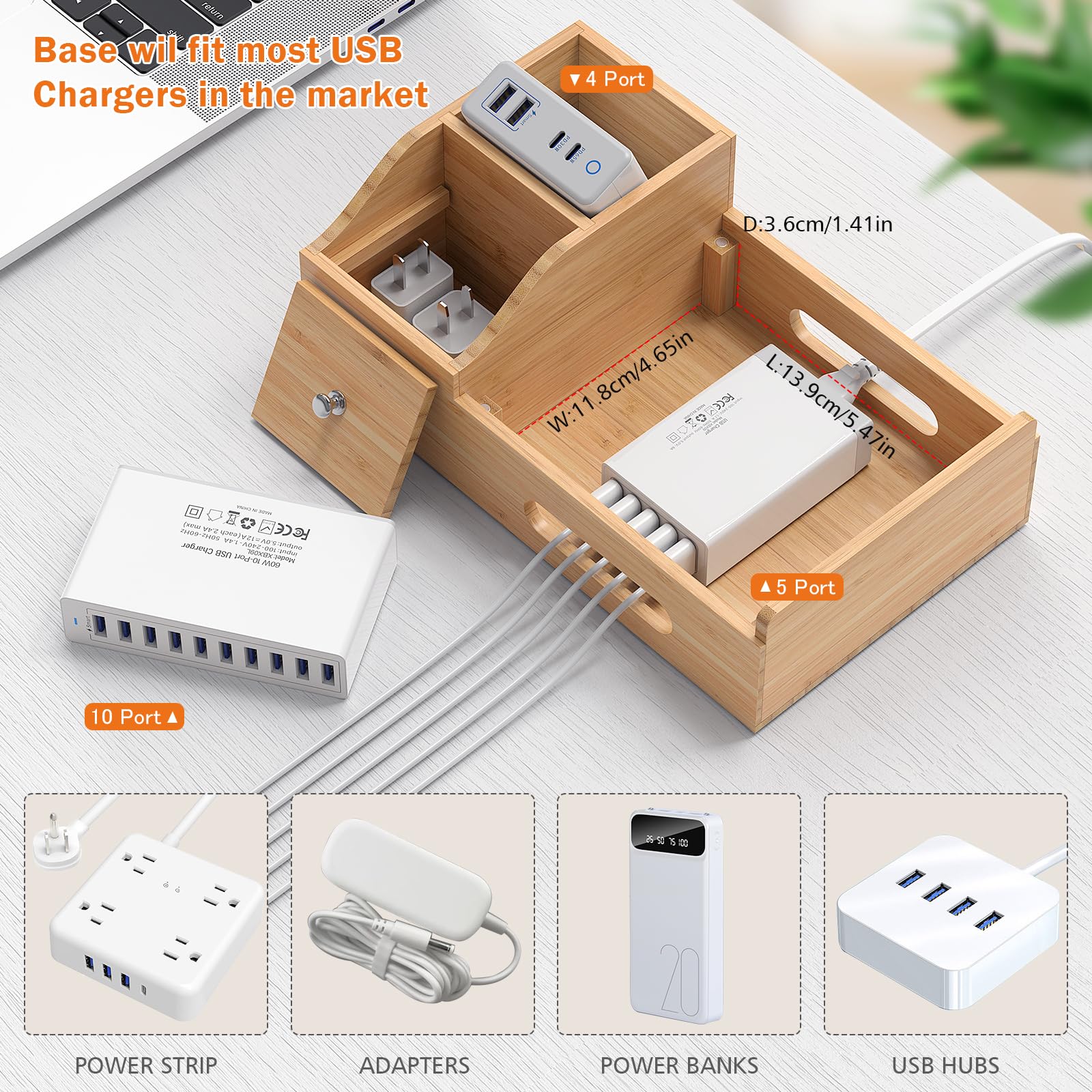 Station de charge en bambou pour plusieurs appareils avec chargeur USB 5 ports, 6 câbles de charge et support de montre intelligente. Station d'accueil de bureau en bois pour téléphone portable,