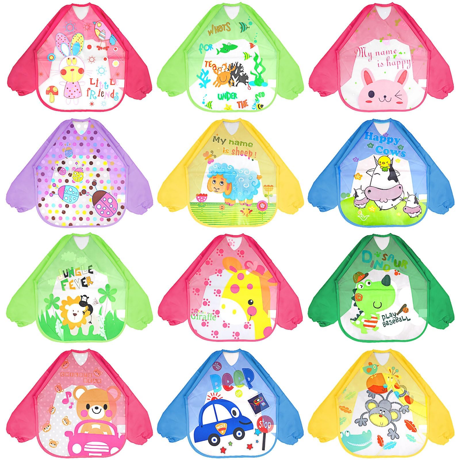 12 Pack Toddler Art Aprons, Kids Small Waterproof Smock, Children Painting Aprons, Sleeve Washable Bib for Eating 1-4 Years,Classroom Arts and Crafts