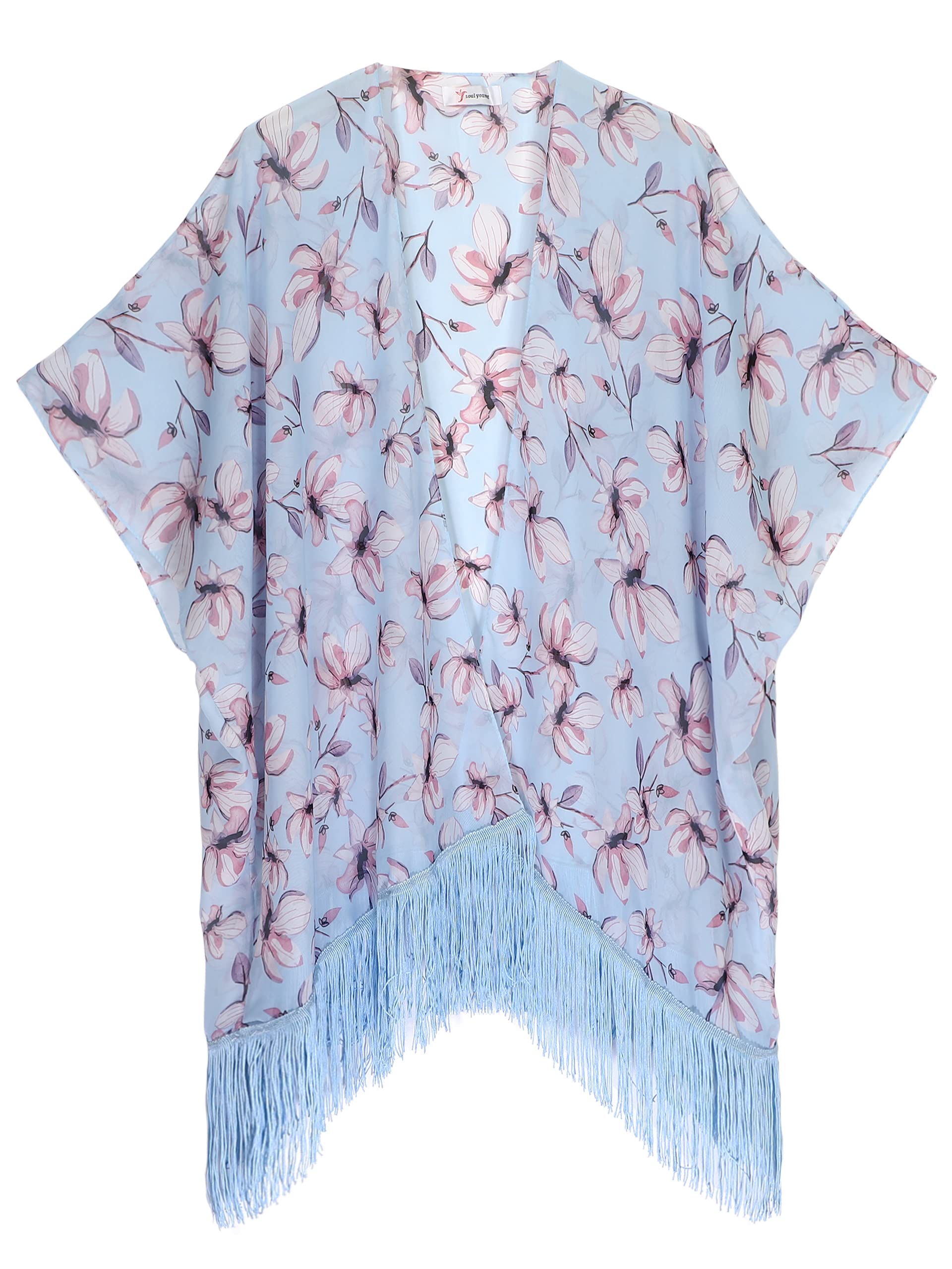 Women's Floral Kimono Cover Up - Lightweight Leopard Chiffon Beachwear for Bikini,Cardigan and Swimwear(One Size,Light Blue)