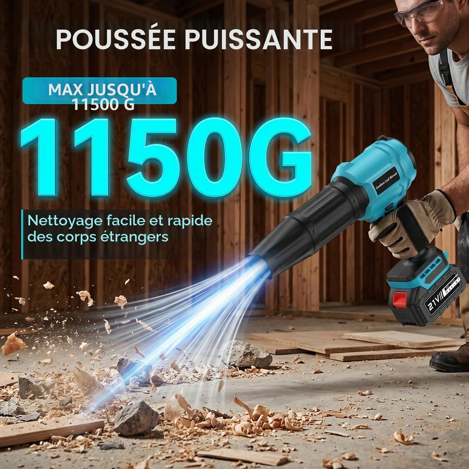 Souffleur Batterie avec 2 Batteries 4,0 Ah, 21V Souffleur de Feuilles sans Fil 65 m/s, Moteur Brushless 800,000 TR/Min, 2 Buses, Réglage Variable, pour Jardin, Terrasse, Voiture (Bleu)
