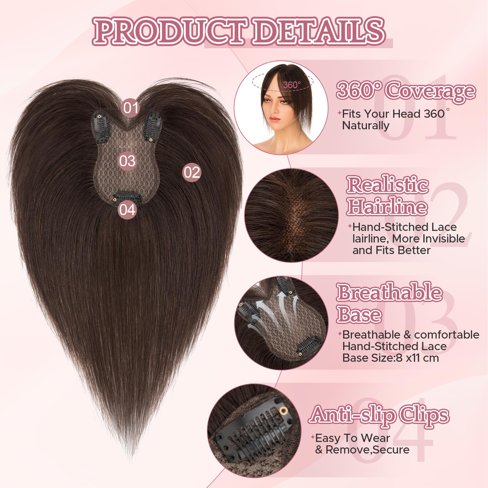 SEGOHAIR Echthaar Hair Topper für Frauen mit Seitenpony - 21g Handgebunden Basis Haar Topper Atmungsaktives Tüllnetz Spitze Basis 100% Echtes Haar Clip in Topper Mokkabraun