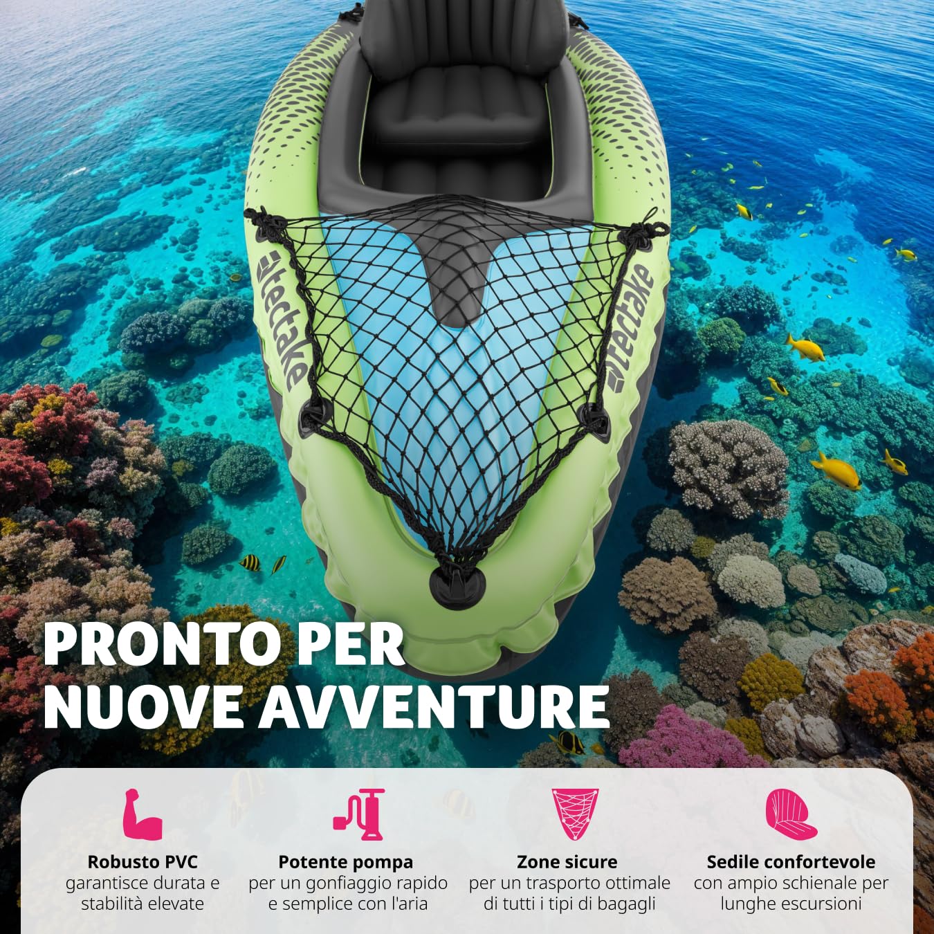 tectake® Kayak Gonfiabile Singolo con Sedile Removibile, Set con Borsa da Trasporto, 2 Pinne Inseribili, Pagaia Doppia, 3 Camere D'Aria, 3 Valvole Boston, Pompa a Doppio Effetto - Verde