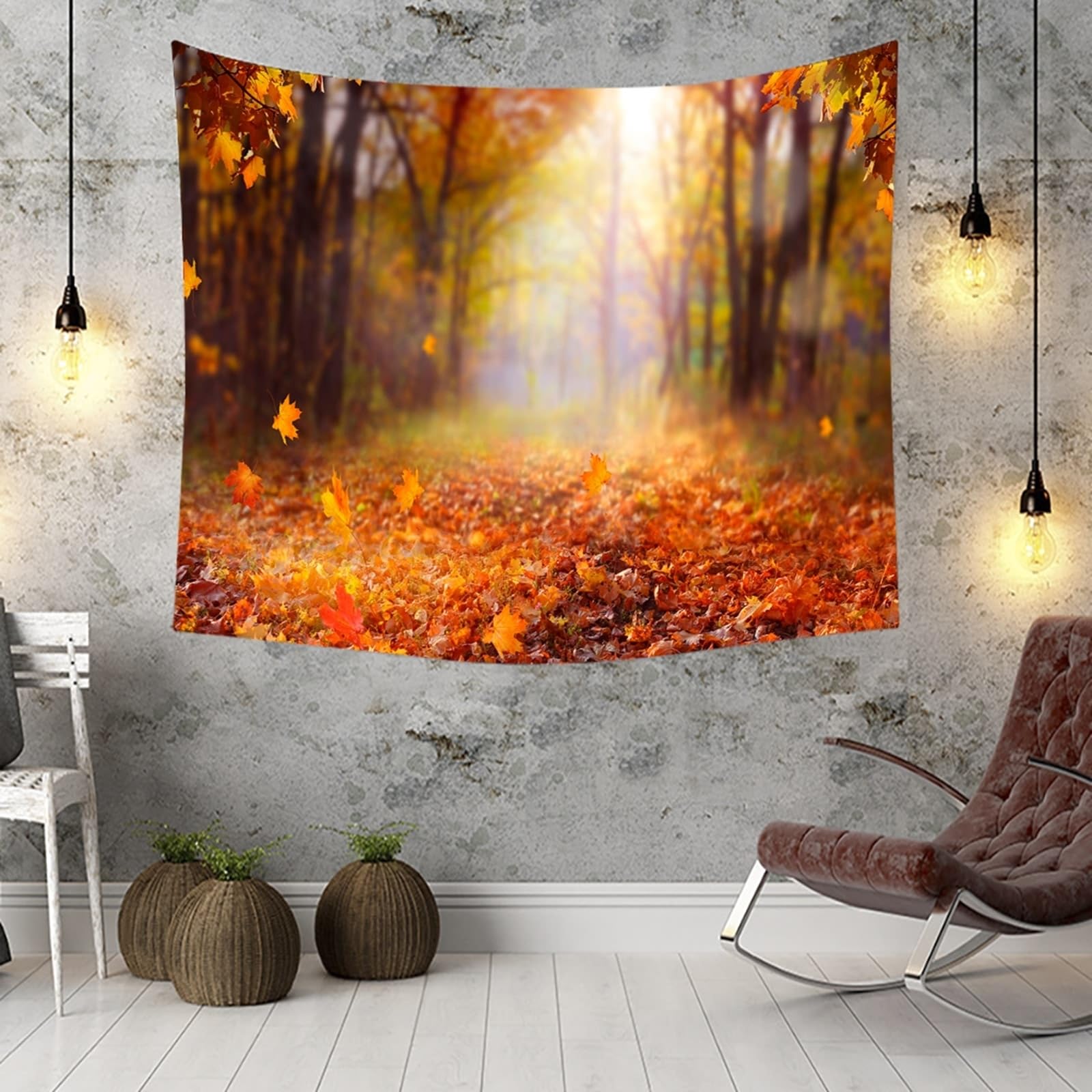 Skcess Gobelin ścienny do salonu, poliester, pomarańczowo-brązowe drzewo klonowe i liście, gobelin ścienny, wiszący 240 x 220 cm