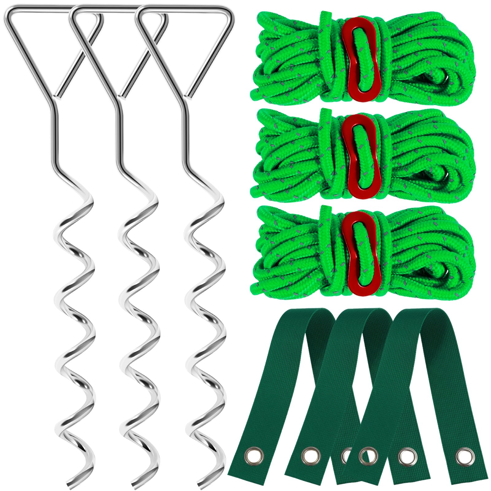 Heavy Duty Tree Stakes, 3Pcs 16" Trees Supports with Rope & Nylon Strap for Leaning Trees Young Tree,Outdoor Spiral Tent Straightening Anchoring Kit Garden Stakes