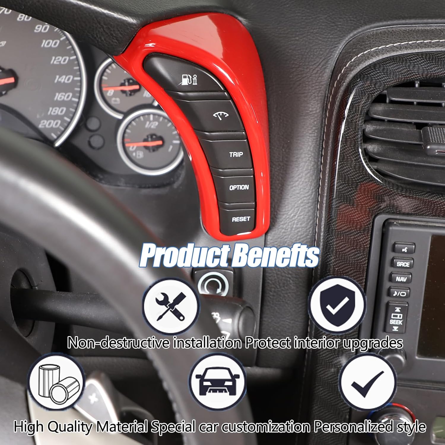 Dashboard Button Cover Trim Compatible with Chevy Corvette C6 2005-2013, Speedometer Bezel Cover Trim Frame Interior Accessories (Sports red)