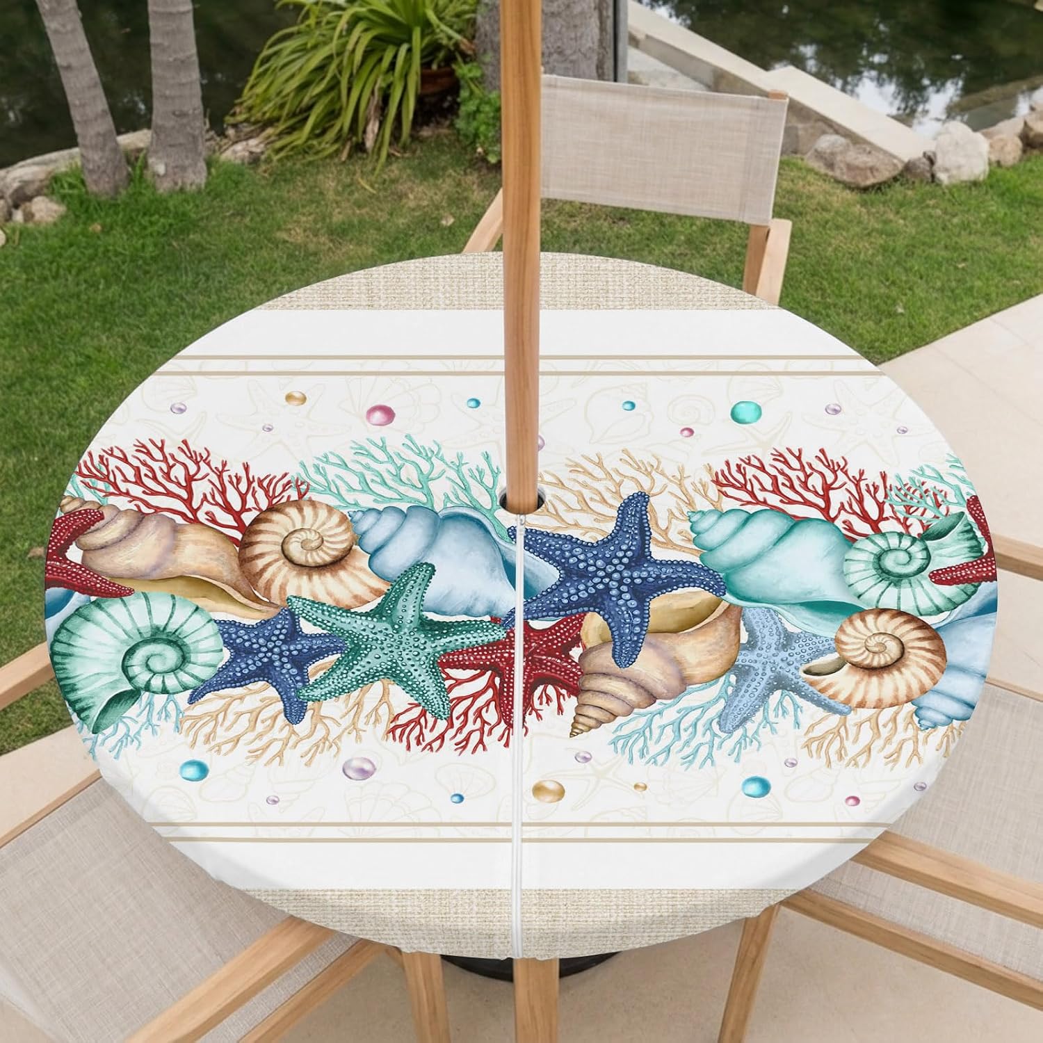Blue Starfish Beach Waterproof Outdoor Tablecloth with Umbrella Hole and Zipper,Round Fitted Table Covers with Elastic,Summer Coral Conch Coastal Retro Beige Patio Table Cloth Fits 36"-44" Tables