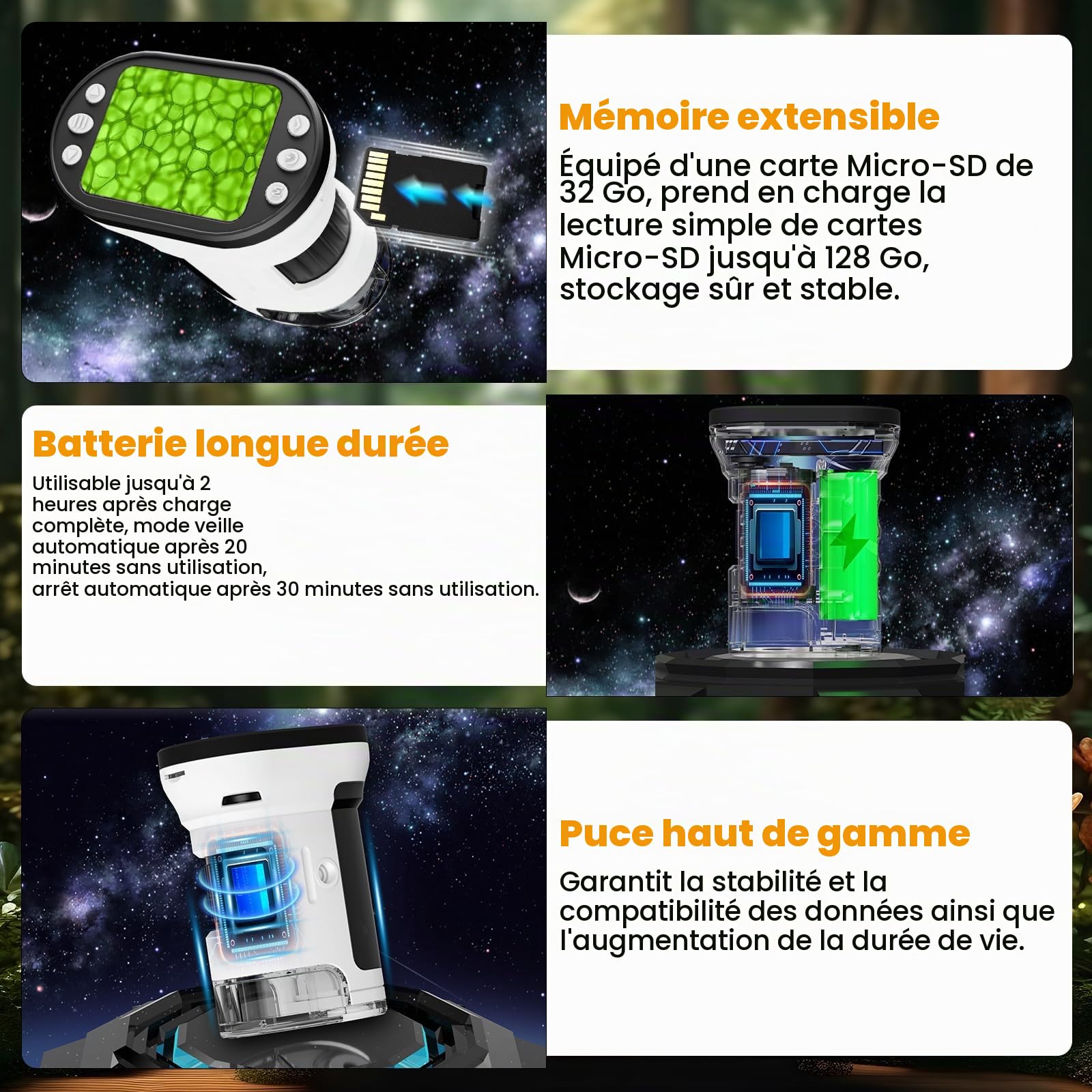 FIVAVA Microscope numérique portable 1000X pour enfants, avec écran IPS de 2,0", loupe pour enfants, rechargeable par USB, kit de diapositives, carte mémoire 32G et support, jouet de jardin pour