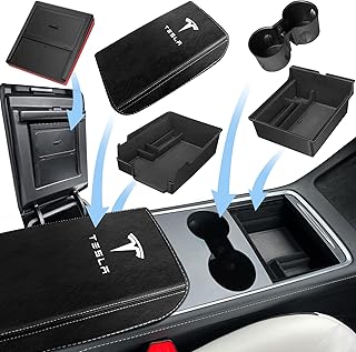 XINTUO (5 Pack 3PC Upgraded Center Console Organizer Tray Compatible for 2023 2022 2021 Tesla Model 3 Model Y Accessories Armrest Hidden Drawer Storage Box 1PC Cup Holder 1PC Armrest Cover Black