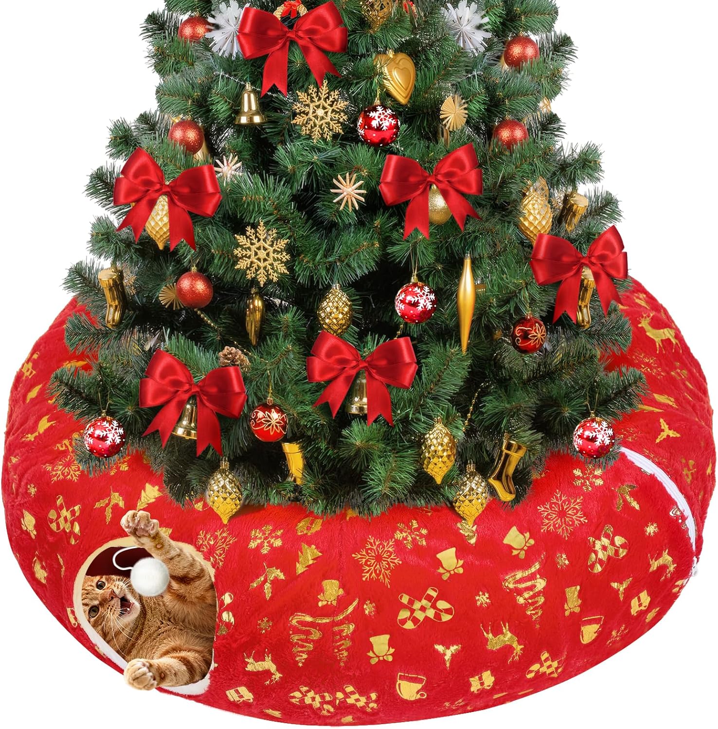 Cat Tunnel Christmas Tree Skirt - White & Golden Cat Donut Bed, Christmas Tree Protector from Cats, Xmas Cat Gifts Accessories